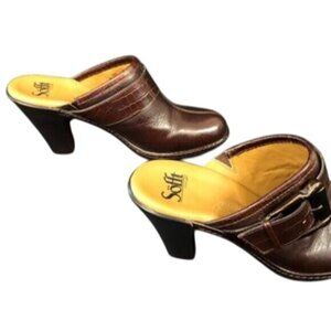 Sofft Brown Leather Heeled Mules Womens Size 9 With Buckle Detailing